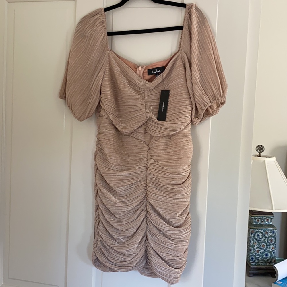 Lulu's Tan Ruched Mini Dress - Picture 6 of 8